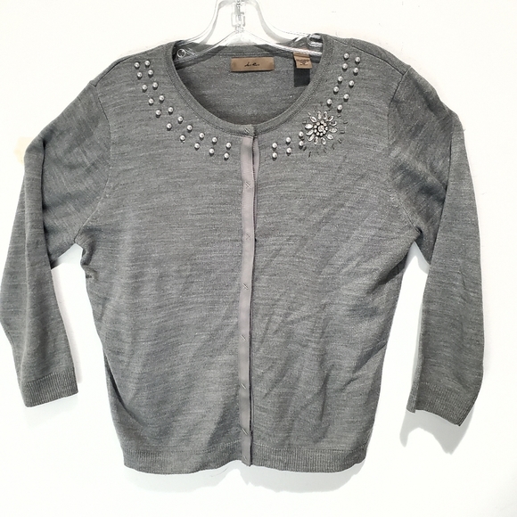 i.e. Grey Long Sleeve Snap Closure Cardigan Sweater Size M Embellished Neckline - Picture 2 of 9